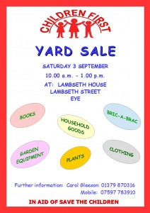 Poster advertising Yard Sale, Books, Household Goods, Bric-A-Brac, plants and clothing