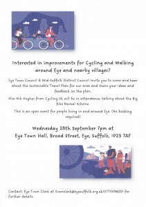 Poster Public meeting Cycling and Walking in around Eye Wednesday 28th 7pm