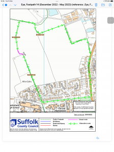 Closure of Footpath 14 Eye Suffolk map showing the footpath and alternative route.
