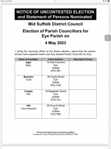 Notice of Uncontested Election list councillors Ager, Brandon, Crispin and Hill