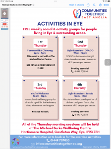 Communities Together Activities in Eye at the Michael Burke Wellbeing Centre Castleton Way