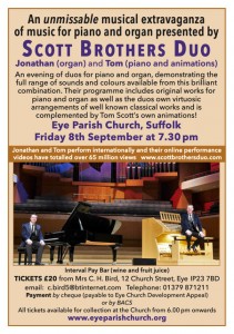 An unmissable musical extravaganza of misic for piano and organ presented by Scott Brothers Duo