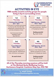 Thursday events at Eye Community Centre and Michael Burke Wellbeing Centre