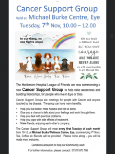 Each first Tuesday of the month in the Micheal Burke Wellbeing Centre 10 - 12 pm Eye Suffolk Cancer Suport Group